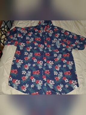Free Planet Men's 2X Floral Tropical Button Down Shirt Blue Red White